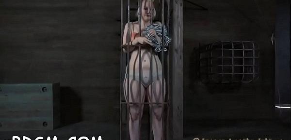  Caged playgirl coercive to give blowjob